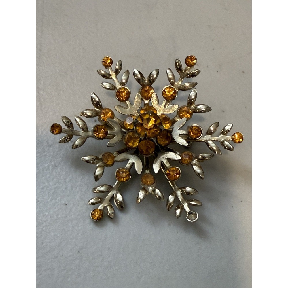 Vintage Coro Signed Amber Color Marquise Rhinestone floral Gold Tone Brooch Pin